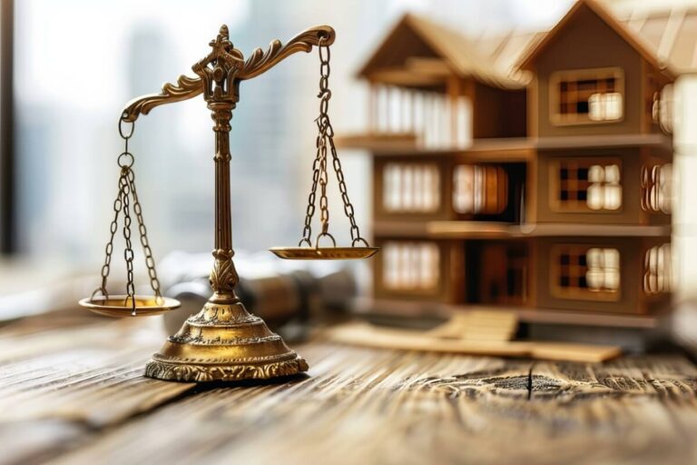 Waga symbolizuje sprawiedliwość w sprawach rozwodowych obok modelu domu.